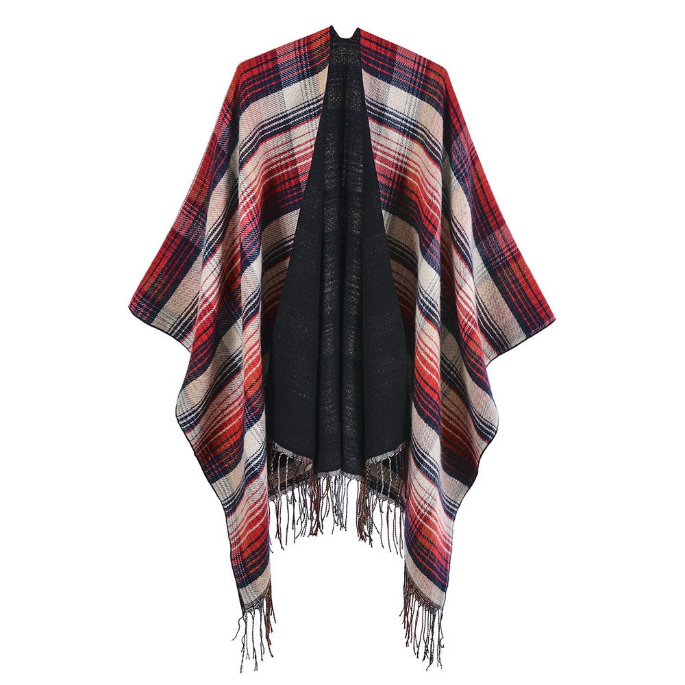 Women's classic color plaid cape with cashmere tassels thickened for warmth