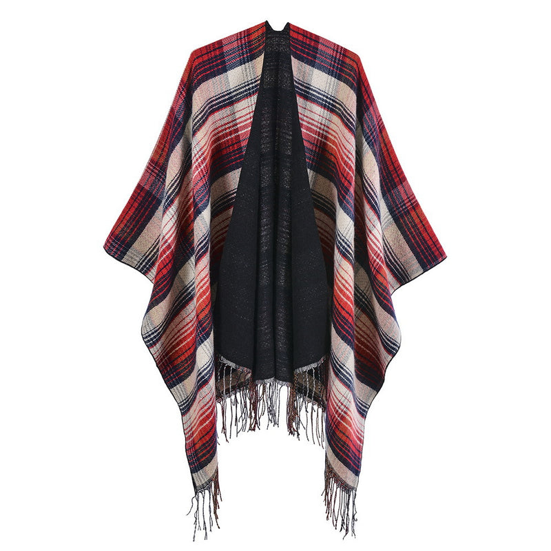 Women's classic color plaid cape with cashmere tassels thickened for warmth
