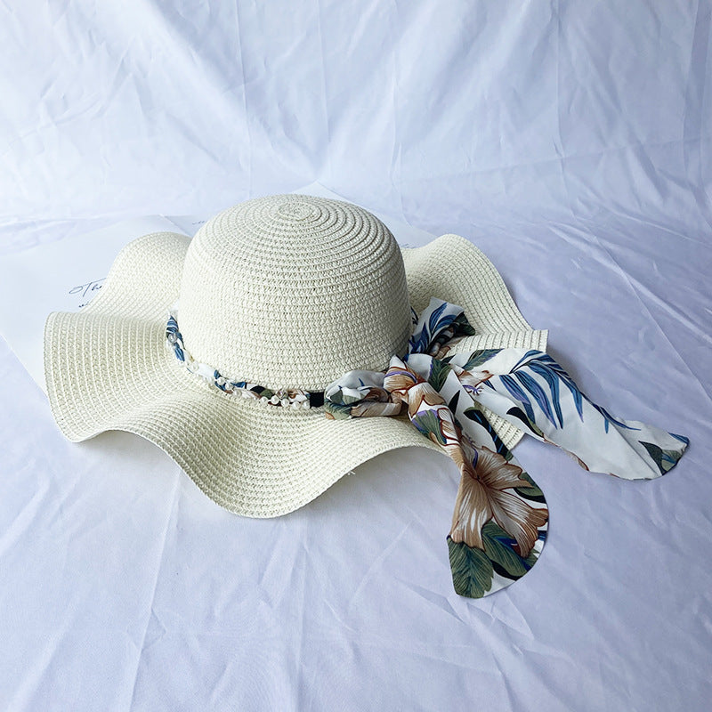 Summer big brim wave ladies straw hat pearl streamer hat beach travel hat casual fashion hat