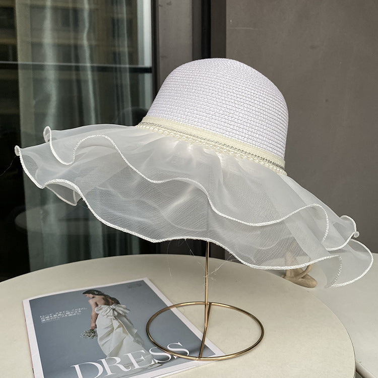 Sisters Hepburn Beach Hat Women's Summer Outdoor Sun Hat Wave Straw Hat Lace Trim Pearl Sun Hat