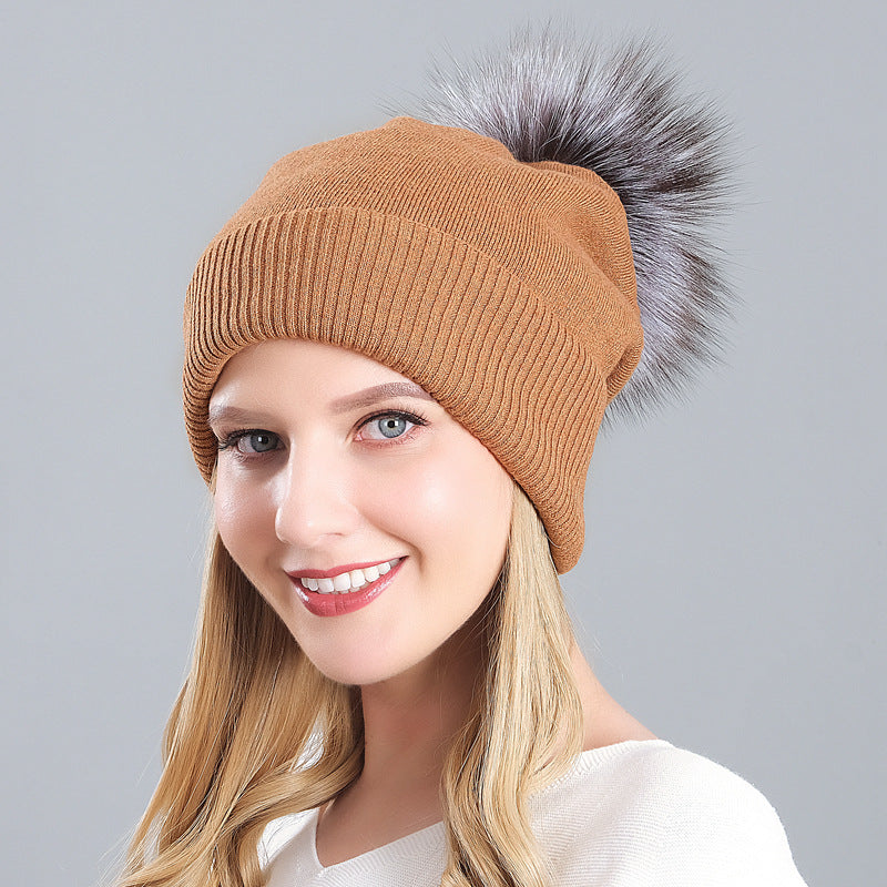 Women's autumn and winter warm double-layer thickened winter knitted fur hat women's wool ball wool hat