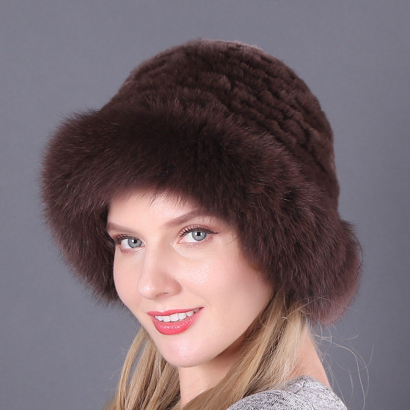 Winter warm fox fur hat Rex rabbit fur knitted hat with fox brim