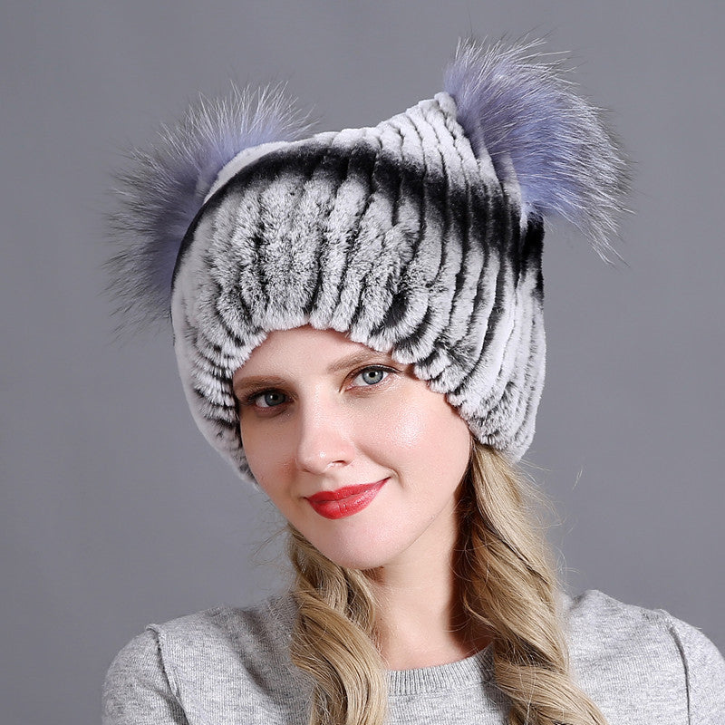 Rex rabbit fur hat ladies winter thickening warm ear protection cold cat ear hat