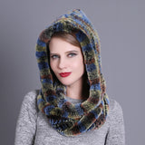 Ladies Rex Rabbit Fur Hat Scarf Toe Head Dual Purpose Hooded Snow Fashion Hat