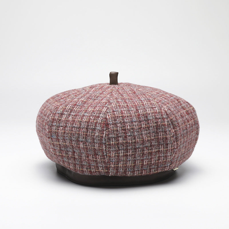 Houndstooth octagonal hat warm all-match painter hat retro autumn and winter beret women