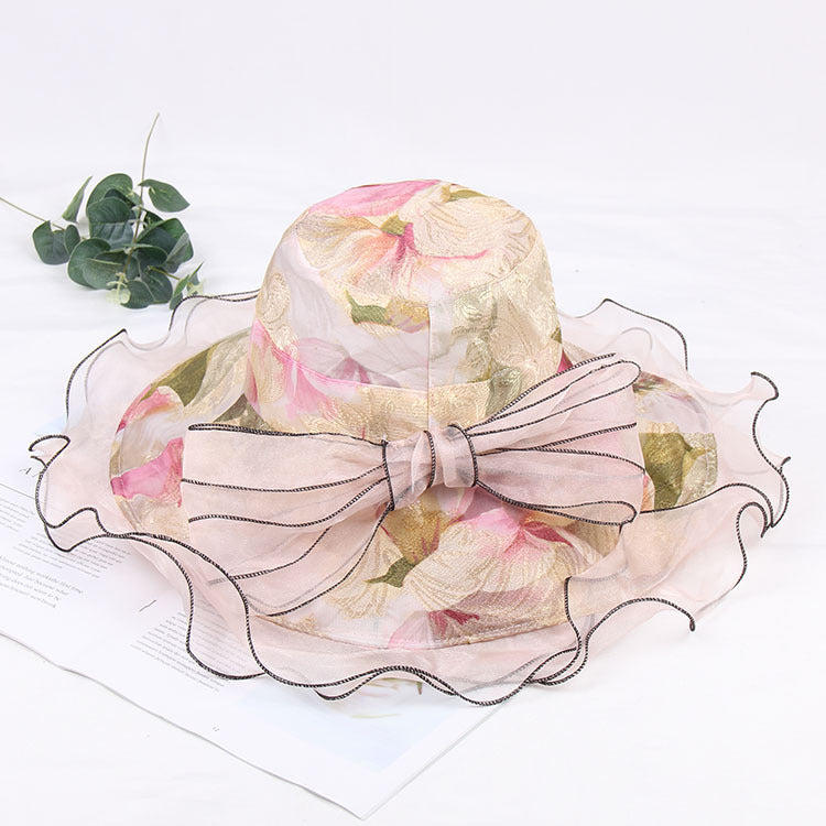 Women's spring and summer big brim hat sunscreen fashion mesh bow sun hat outdoor foldable cool hat