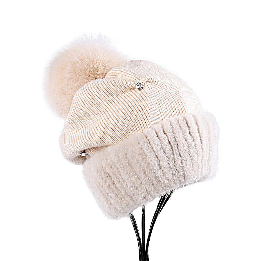Mink fur hat women's autumn and winter fox fur ball knitted wool hat warm thickened earmuffs fur hat