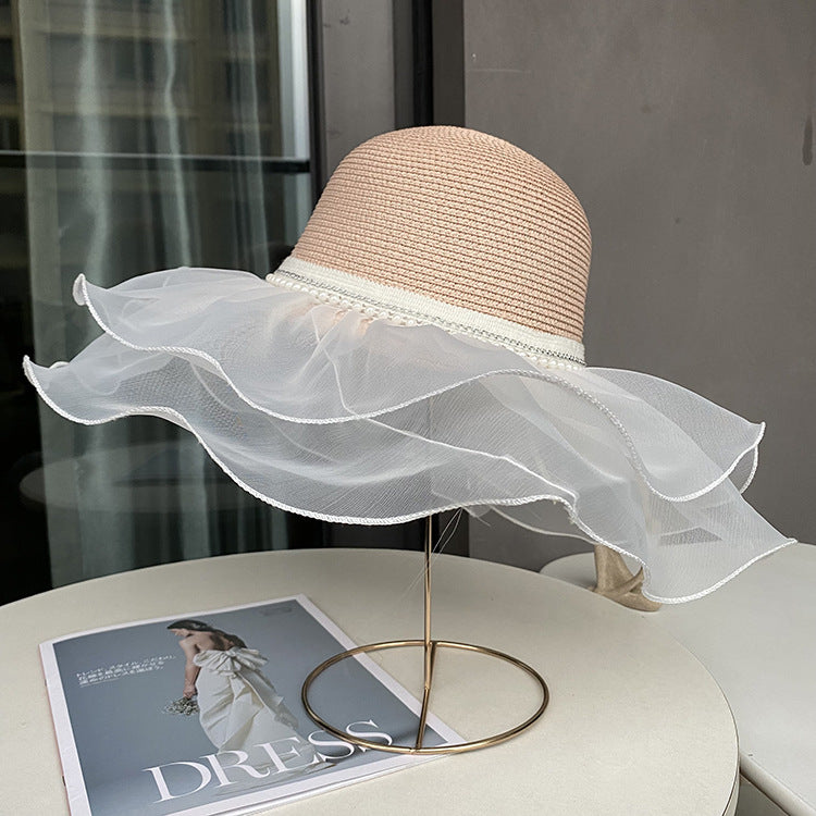 Sisters Hepburn Beach Hat Women's Summer Outdoor Sun Hat Wave Straw Hat Lace Trim Pearl Sun Hat