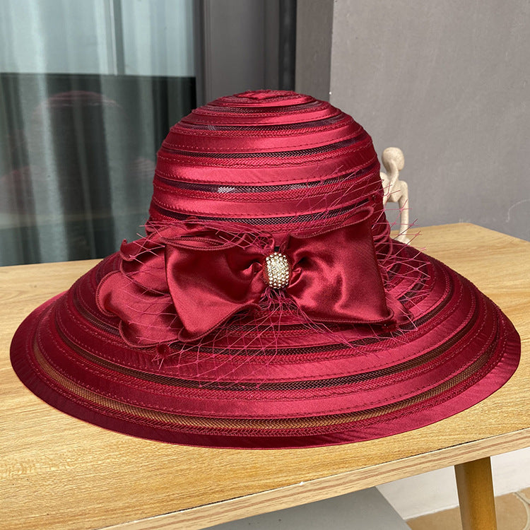 Ladies Top Hat with Diamond Buckle Bow Mesh Sun Hat Summer Sun Hat
