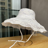 Ladies Spring Summer Beach Sweet Lace Strap Sun Hat Thin Cut Hollow Breathable Sun Hat