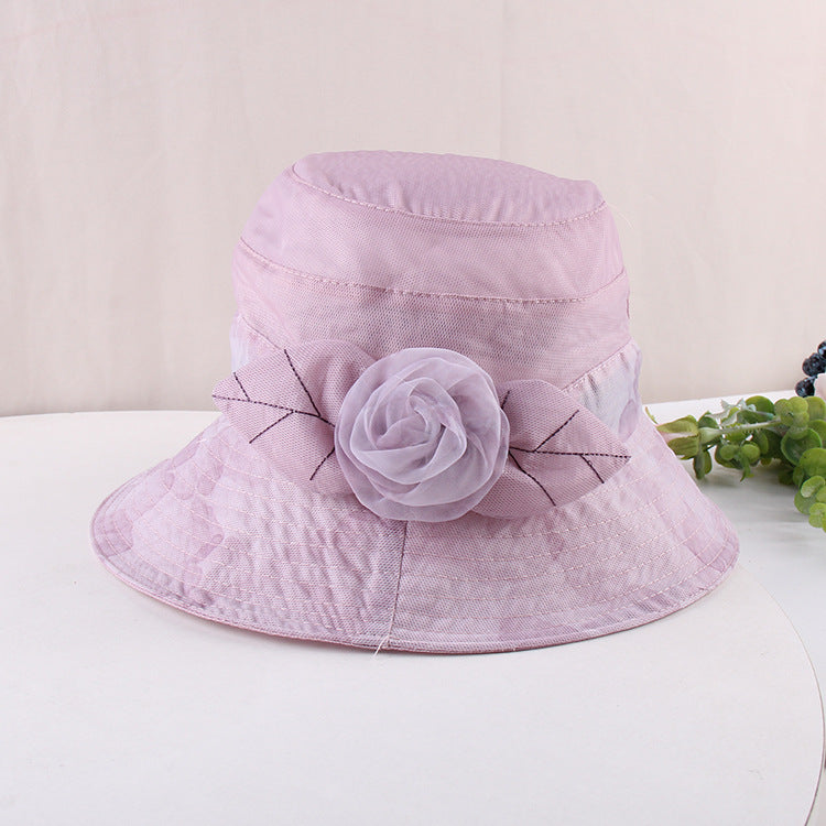 Organza flower print pot hat ladies summer thin breathable sun hat casual foldable