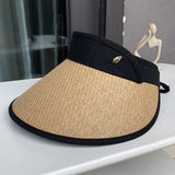 Ladies Wide Brim Straw Hat Sun Hat Summer Beach Foldable Ponytail Empty Top Hat UV Protection