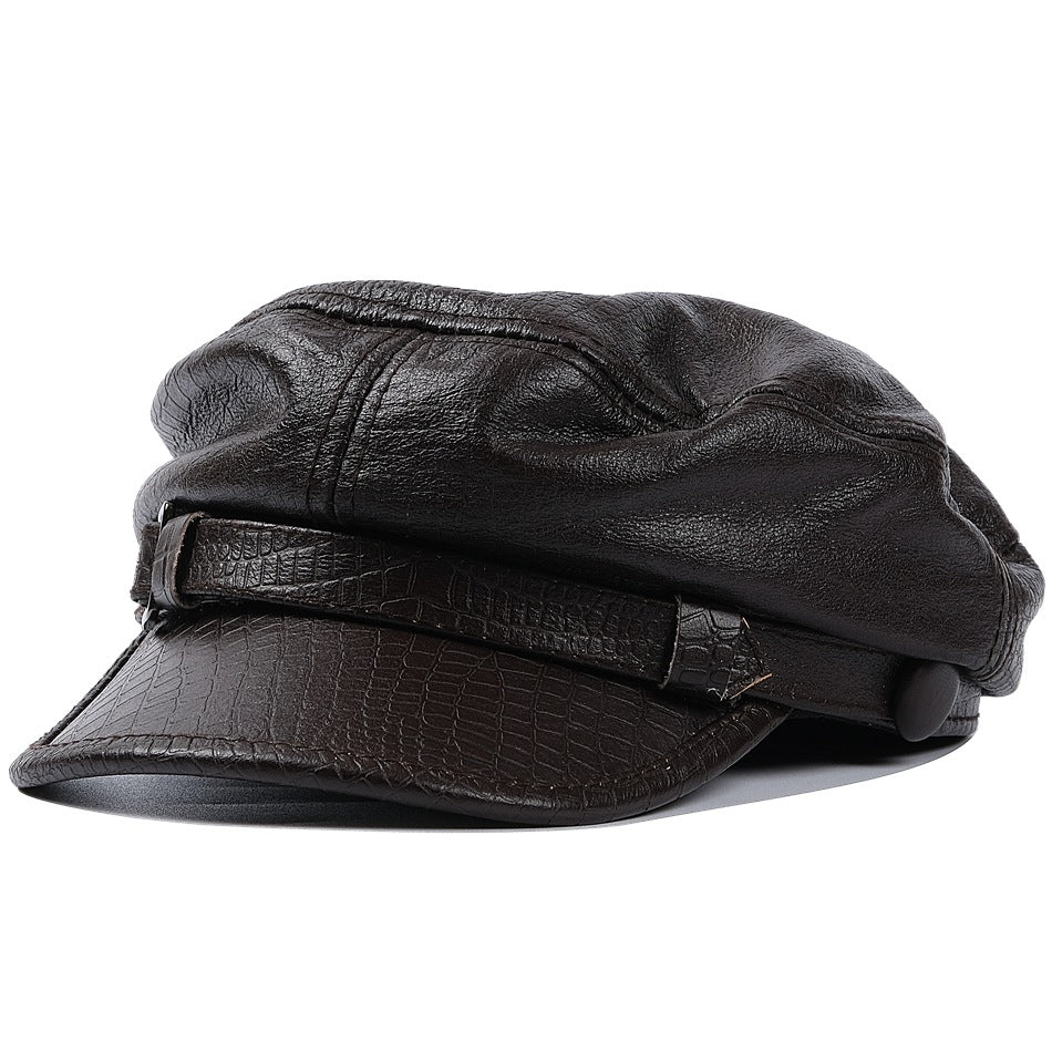 First layer cowhide men's outdoor leather hat Winter beret production warm earmuffs Leather women's hat (size: 56-60cm)