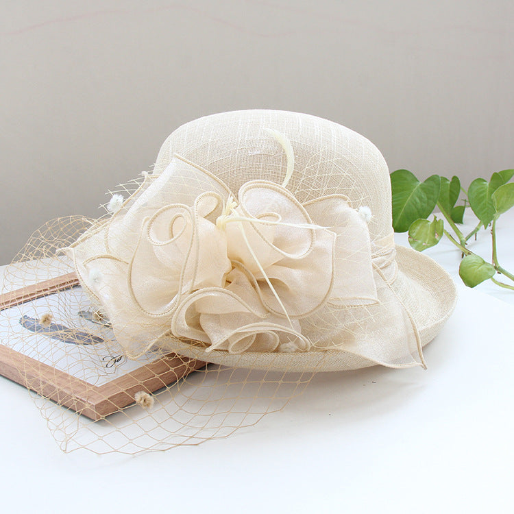 European and American temperament flax flower elegant banquet hat solid color curled sun hat women outdoor sun hat