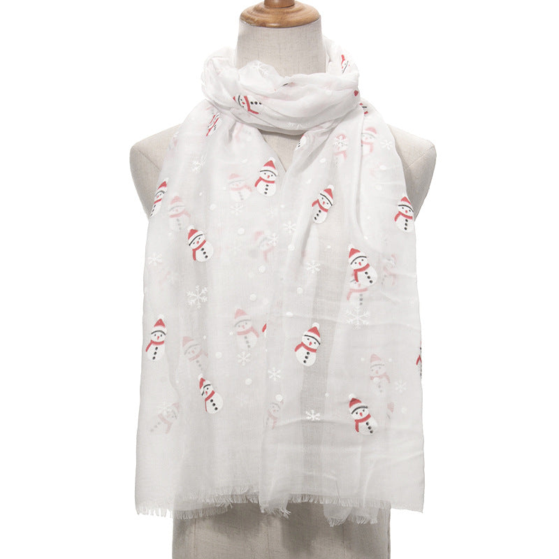 Ladies Christmas Snowman Print Scarf Comfortable Warm Cotton Long Scarf Shawl Polyester Print Scarf