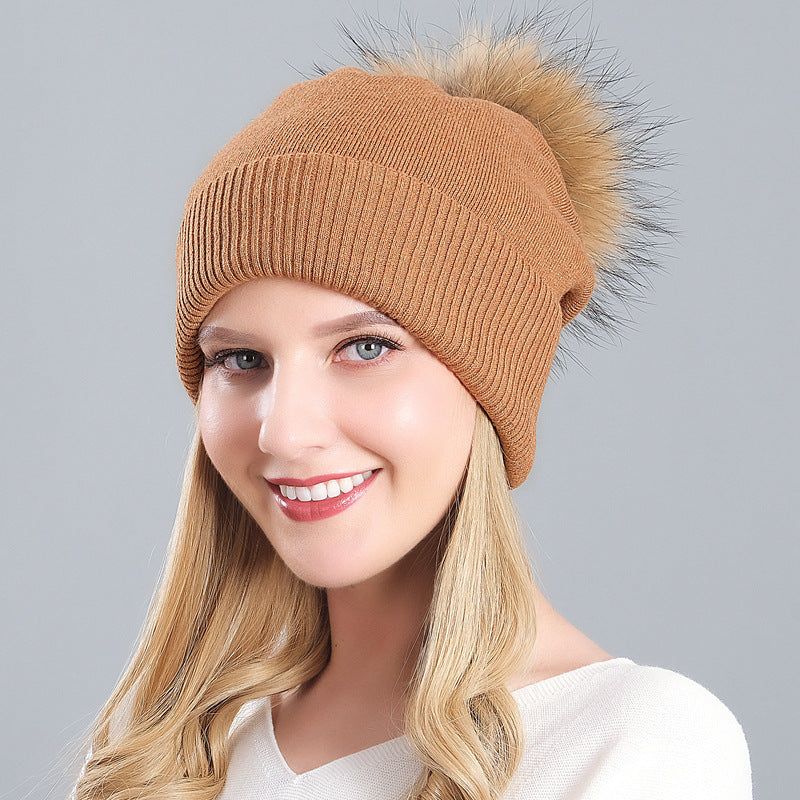 Women's autumn and winter warm double-layer thickened winter knitted fur hat women's wool ball wool hat