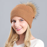 Women's autumn and winter warm double-layer thickened winter knitted fur hat women's wool ball wool hat