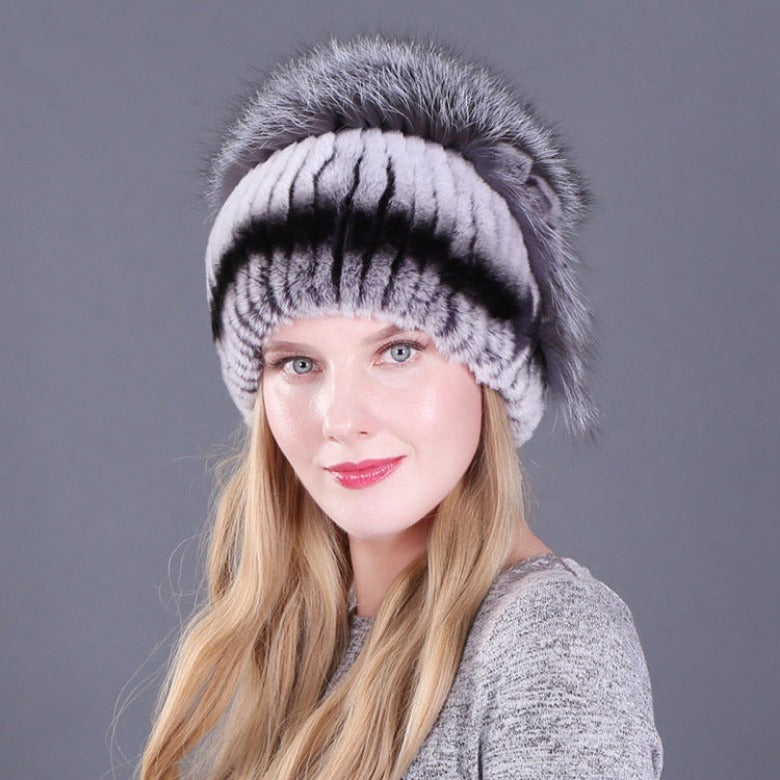 Women's autumn and winter Rex rabbit fur warm flower hat thickened ear protection elastic hat