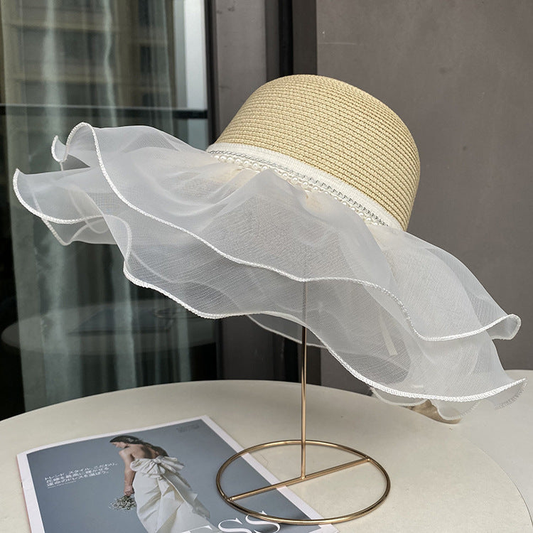 Sisters Hepburn Beach Hat Women's Summer Outdoor Sun Hat Wave Straw Hat Lace Trim Pearl Sun Hat