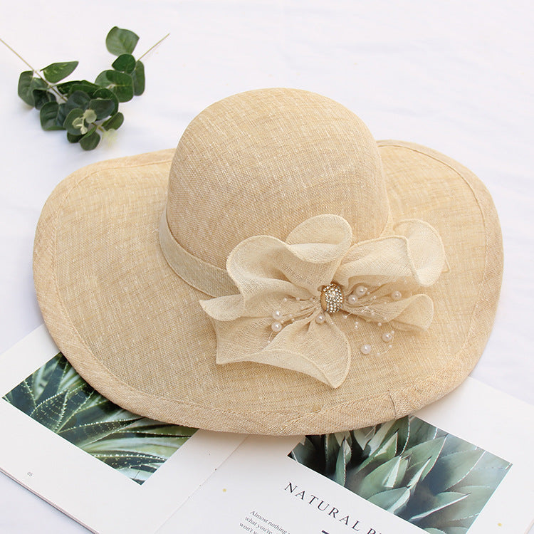 Women's summer big brim sunscreen sun hat flower rhinestone sun hat seaside cotton and linen beach hat