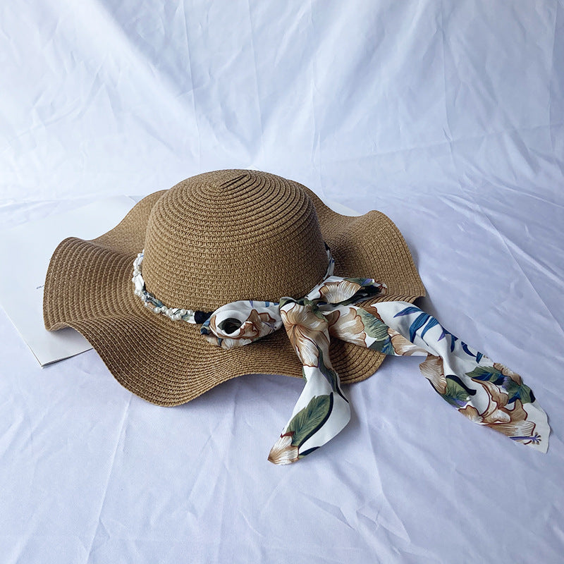 Summer big brim wave ladies straw hat pearl streamer hat beach travel hat casual fashion hat
