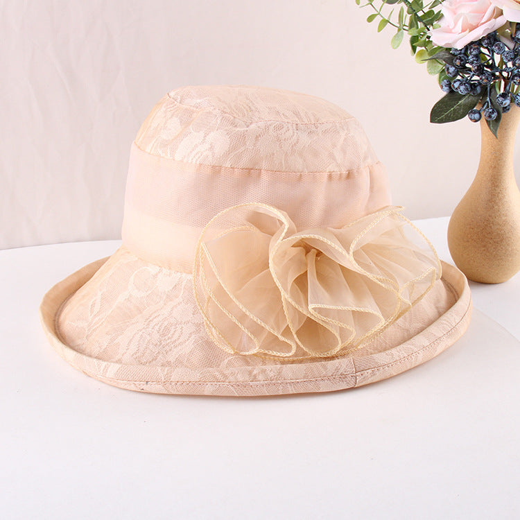 Ladies Eugen Mesh Flower Top Hat Summer Mom Shade Foldable Sunscreen Flanging Pot Hat