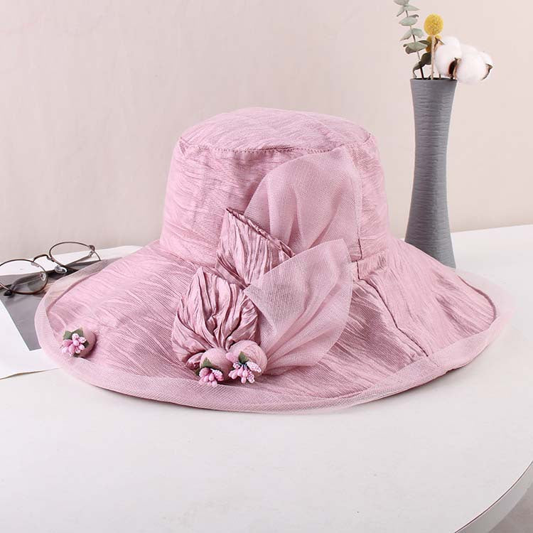 Women's summer mesh flower organza fisherman hat large brim sunscreen hat dome pot hat sun hat