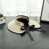 Spring and summer ladies vacation travel big pearl bow straw woven empty top hat UV protection beach hat