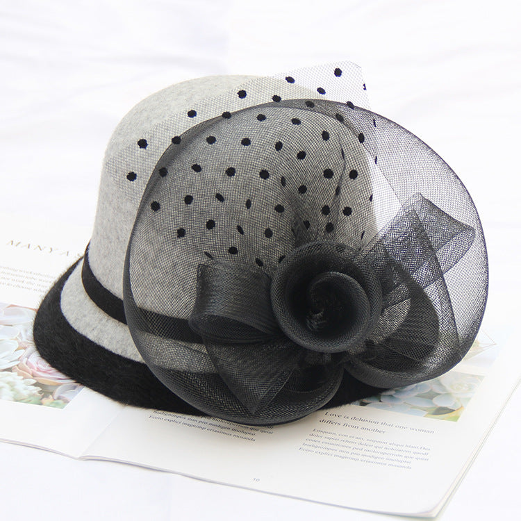 Autumn and winter woolen hat net flower ladies wild British retro wedding fashion hat