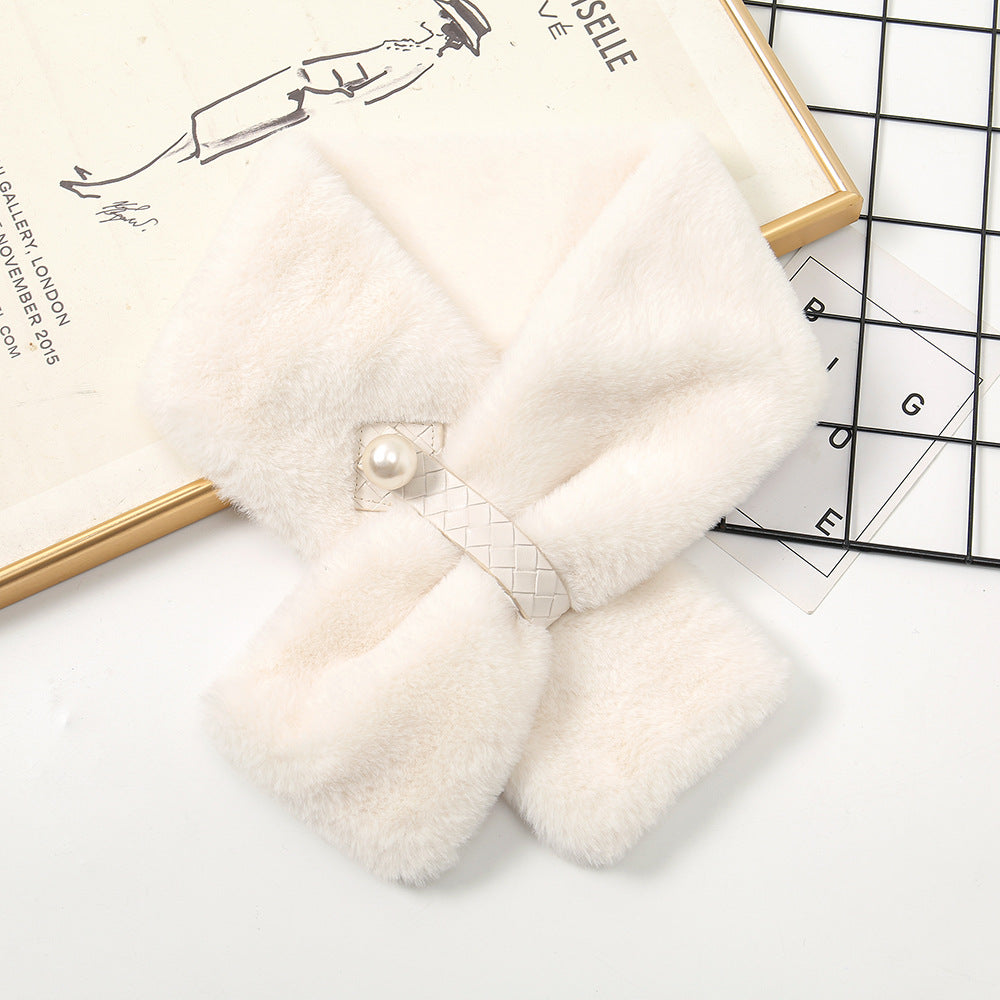 Autumn and winter pearl wool scarf girls cross hair collar warm imitation rabbit hair scarf