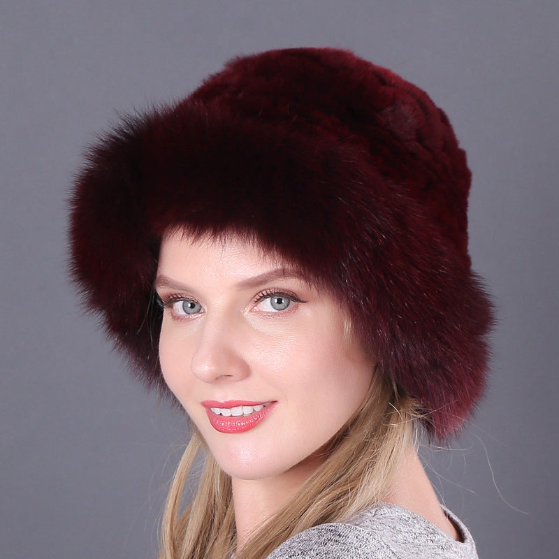 Winter warm fox fur hat Rex rabbit fur knitted hat with fox brim