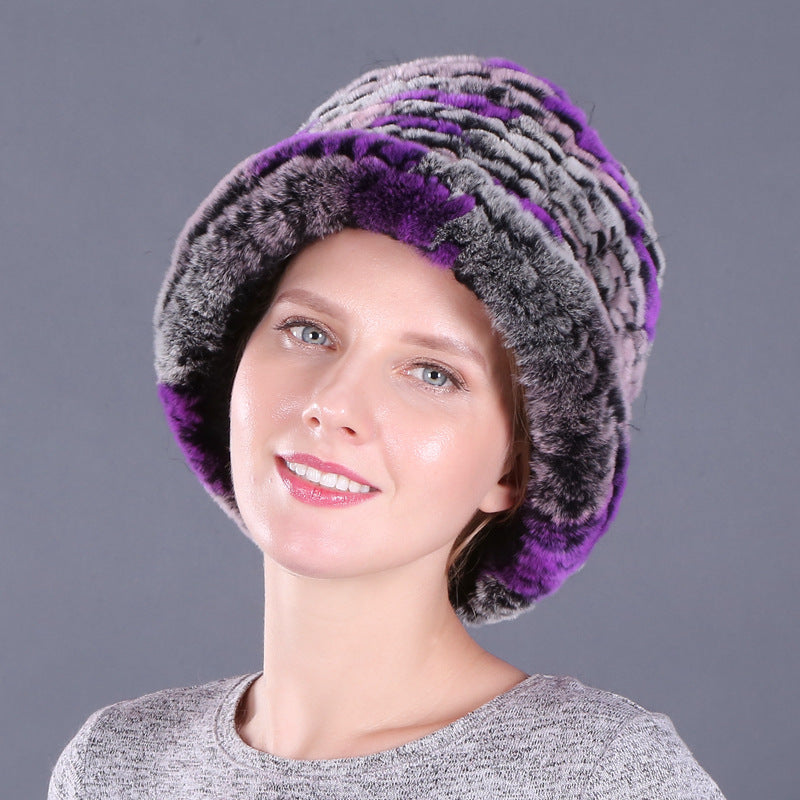 Rex rabbit fur hat women's autumn and winter trendy wool knitted curling hat dome small hat ear protection warm hat