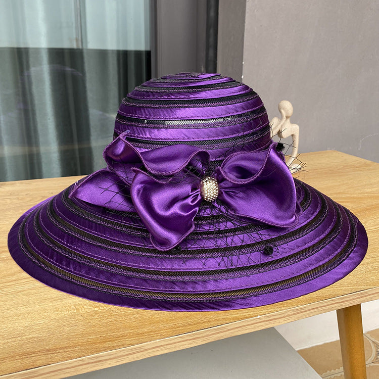 Ladies Top Hat with Diamond Buckle Bow Mesh Sun Hat Summer Sun Hat