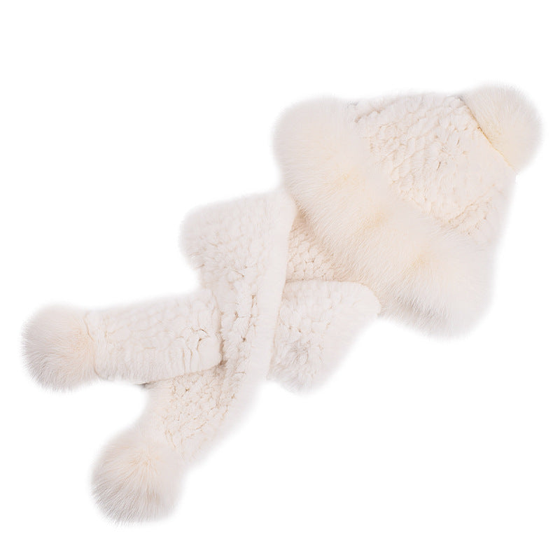 Women's winter warm two-piece scarf hat set Rex rabbit wool wool thickened fur straw hat