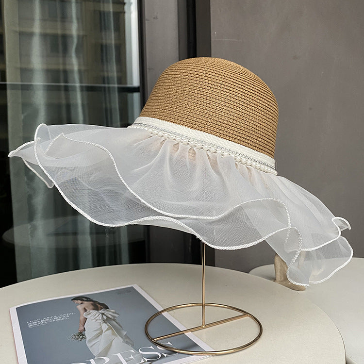 Sisters Hepburn Beach Hat Women's Summer Outdoor Sun Hat Wave Straw Hat Lace Trim Pearl Sun Hat