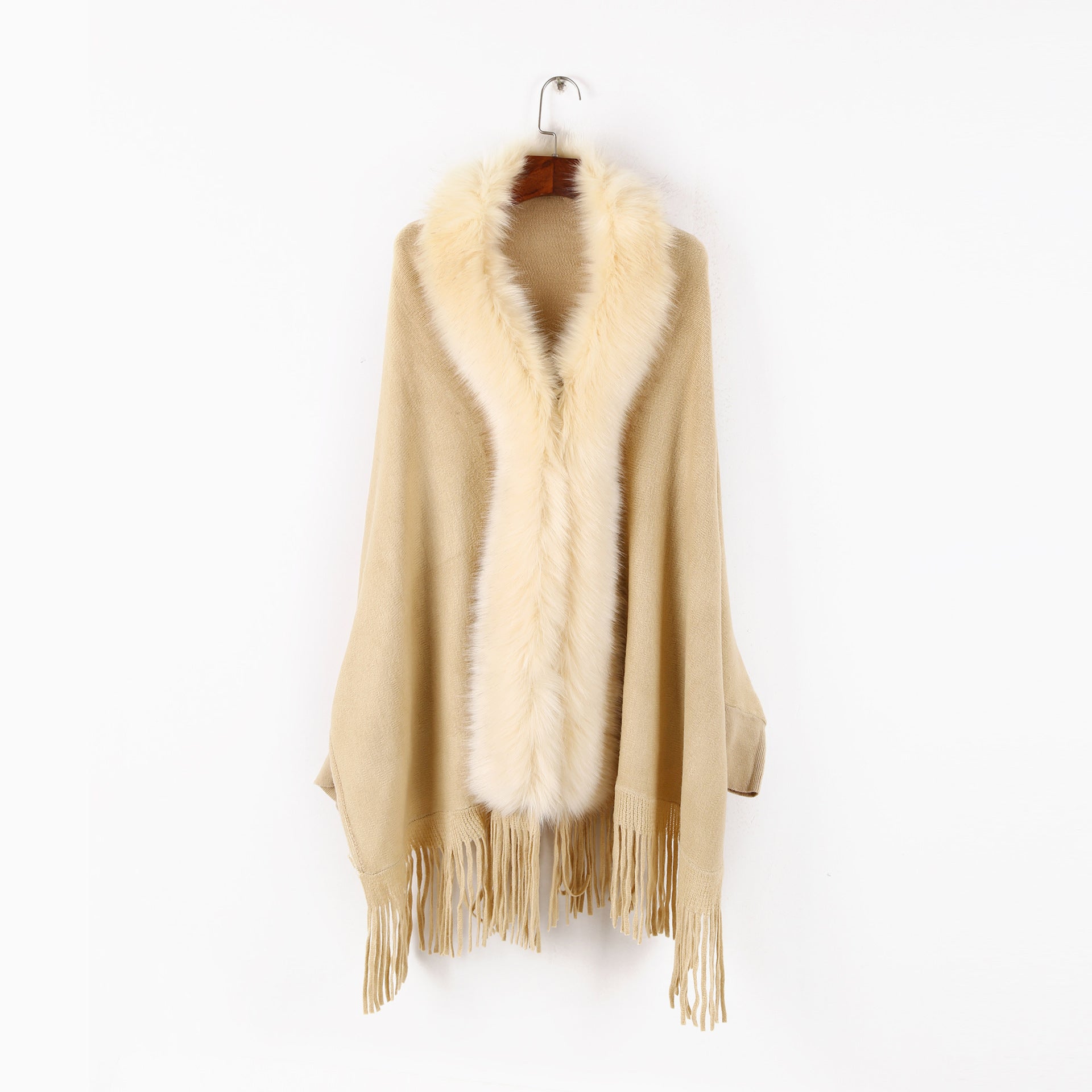 Autumn and winter women's cape cardigan artificial wool solid color with sleeve length tassel hem cloak