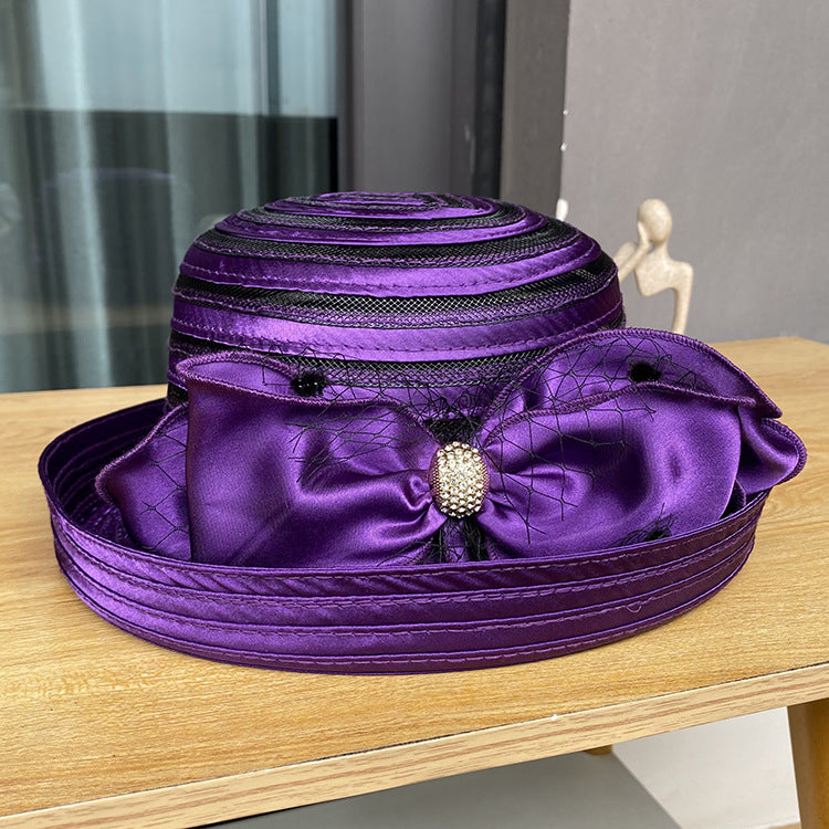 Fashion Mesh Roll Top Hat Ladies Elegant Bow Sun Hat Summer Beach Vacation Sun Hat