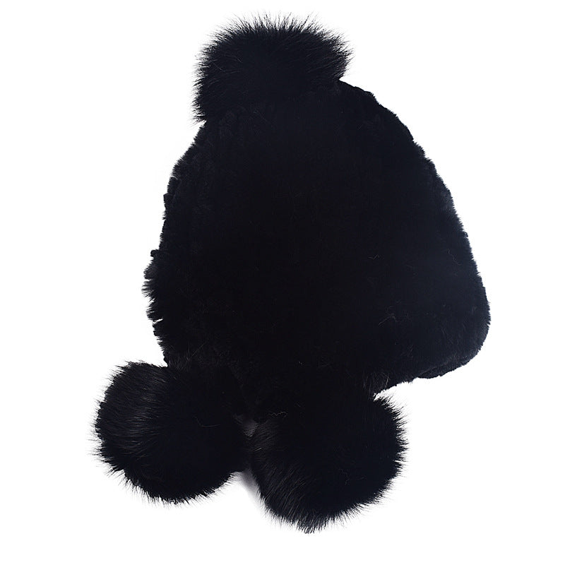 Women's ear protection fur hat in winter Rex rabbit hair knitting with fox hair three balls for warmth and thickening