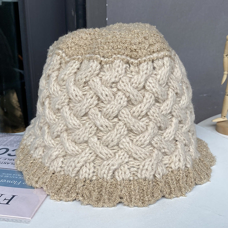 Color-blocking simple bucket hat women's autumn and winter warm and casual all-match wool fisherman basin hat knitted hat