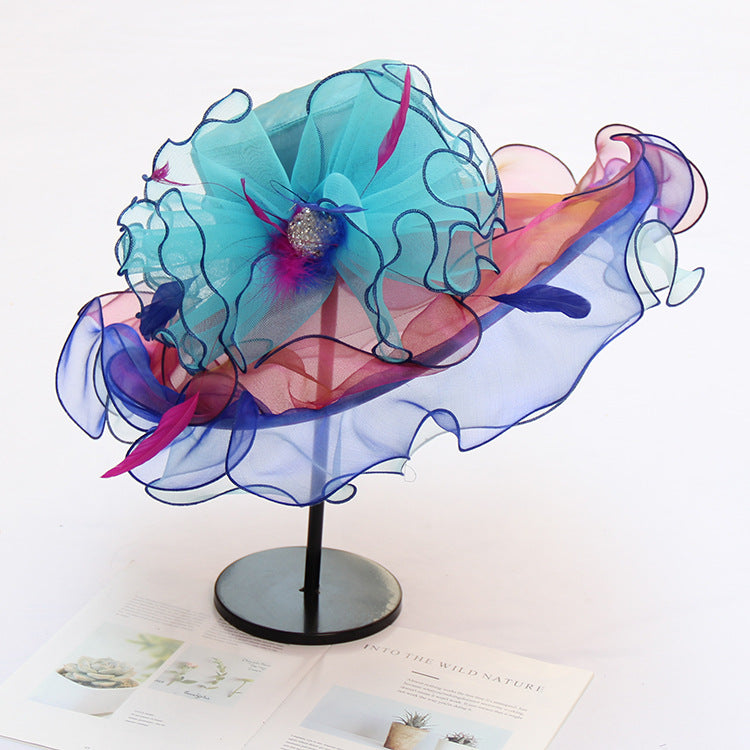 Texture organza sun protection sun hat fashion crystal flower fashion hat women summer