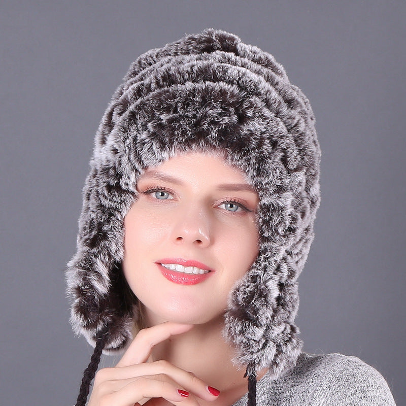 Thickened warm rex rabbit fur hat ear protection hat fur cotton hat ladies wool hat autumn and winter