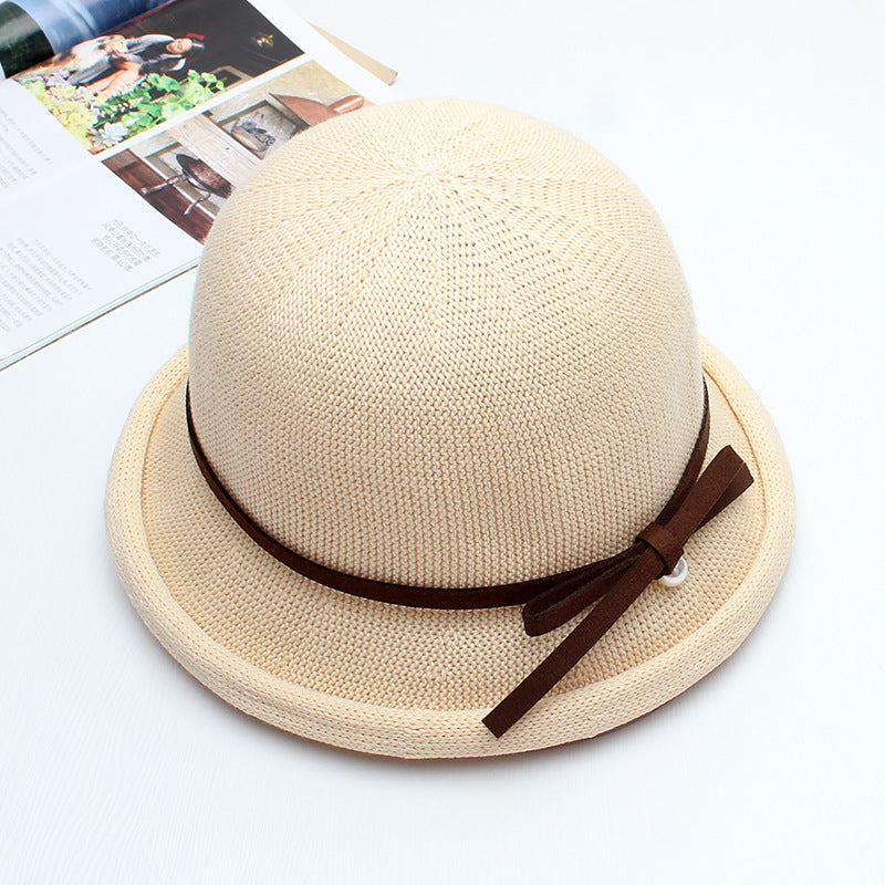 Dome curling pot hat female summer wild Western-style knitted bow pearl sun hat fisherman hat breathable cool hat