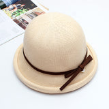 Dome curling pot hat female summer wild Western-style knitted bow pearl sun hat fisherman hat breathable cool hat