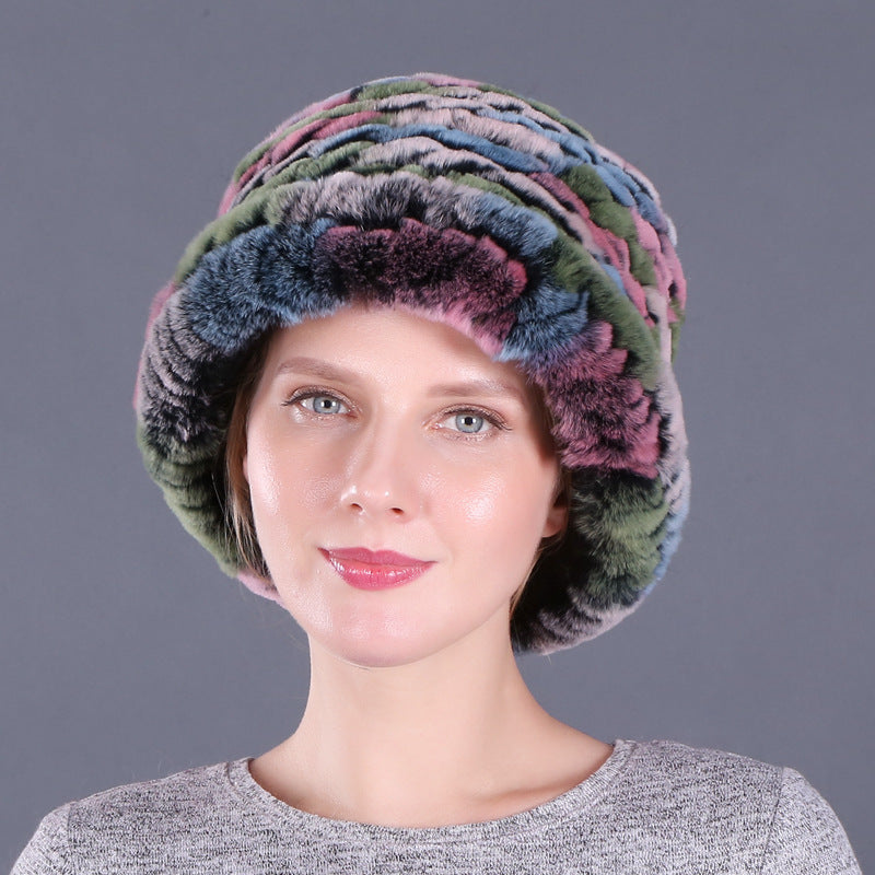 Rex rabbit fur hat women's autumn and winter trendy wool knitted curling hat dome small hat ear protection warm hat