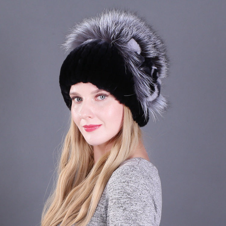 Women's autumn and winter Rex rabbit fur warm flower hat thickened ear protection elastic hat