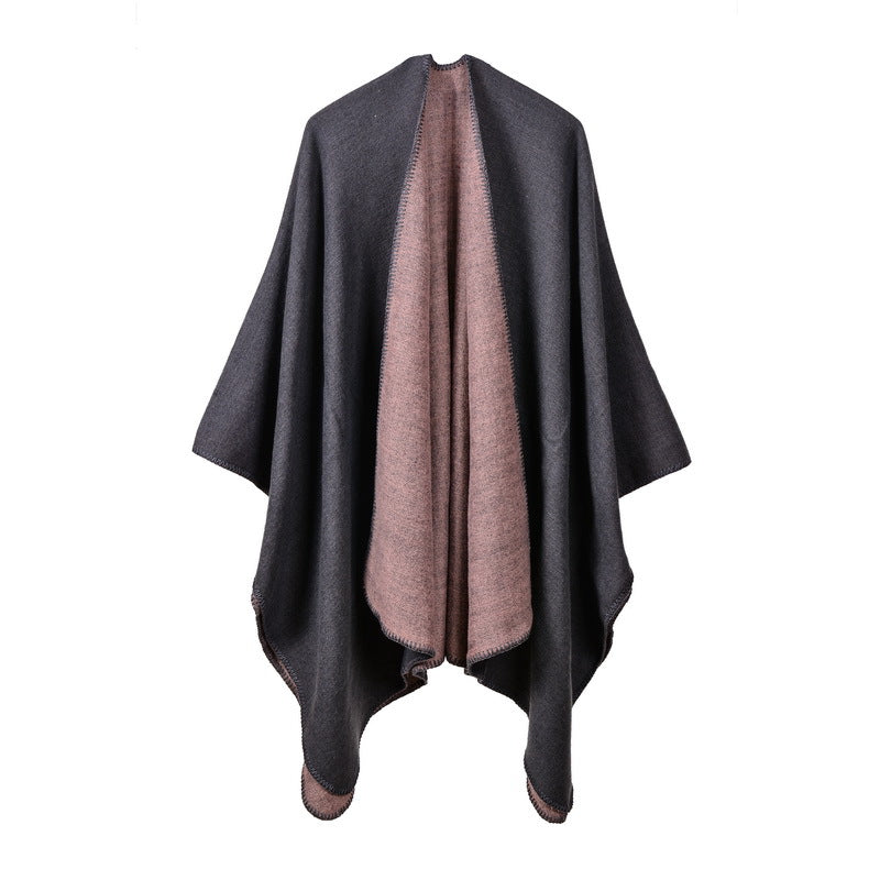 Solid Color Imitation Cashmere Large Slit Warm Monochrome Cape Plain Cape, Gift for Women