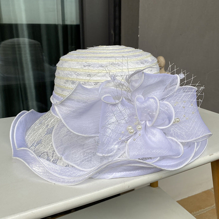 Lace sun hat temperament elegant pearl flower fisherman hat ladies summer breathable sun protection sun hat