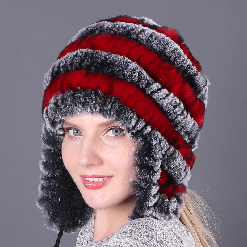 Thickened warm rex rabbit fur hat ear protection hat fur cotton hat ladies wool hat autumn and winter
