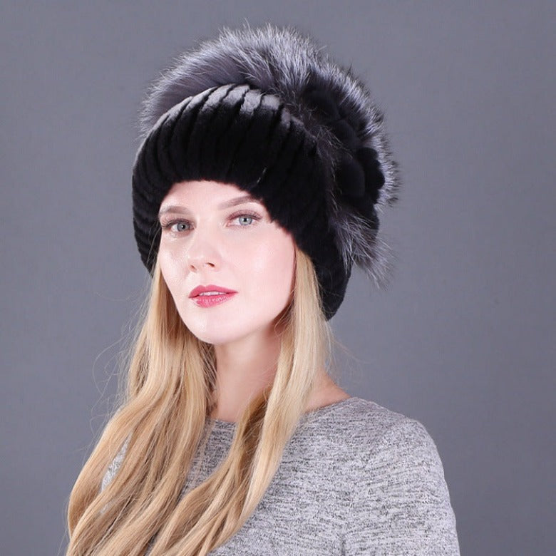 Women's autumn and winter Rex rabbit fur warm flower hat thickened ear protection elastic hat