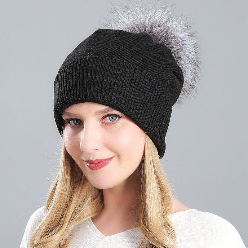 Women's autumn and winter warm double-layer thickened winter knitted fur hat women's wool ball wool hat